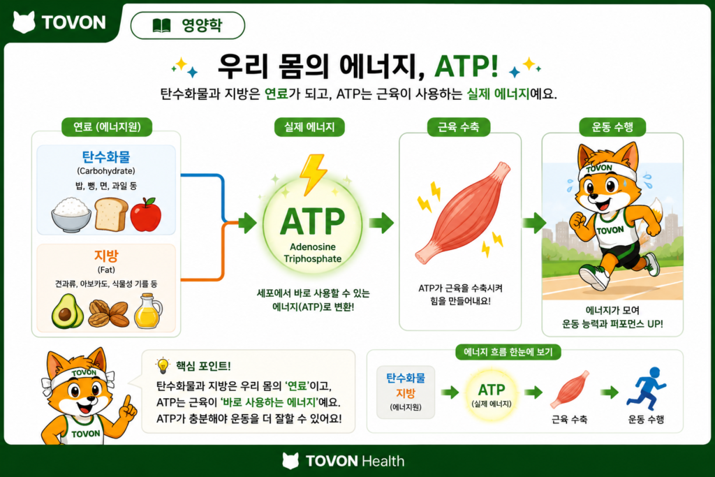 탄수화물과 지방이 ATP를 만들어 운동에 필요한 에너지를 공급하는 과정