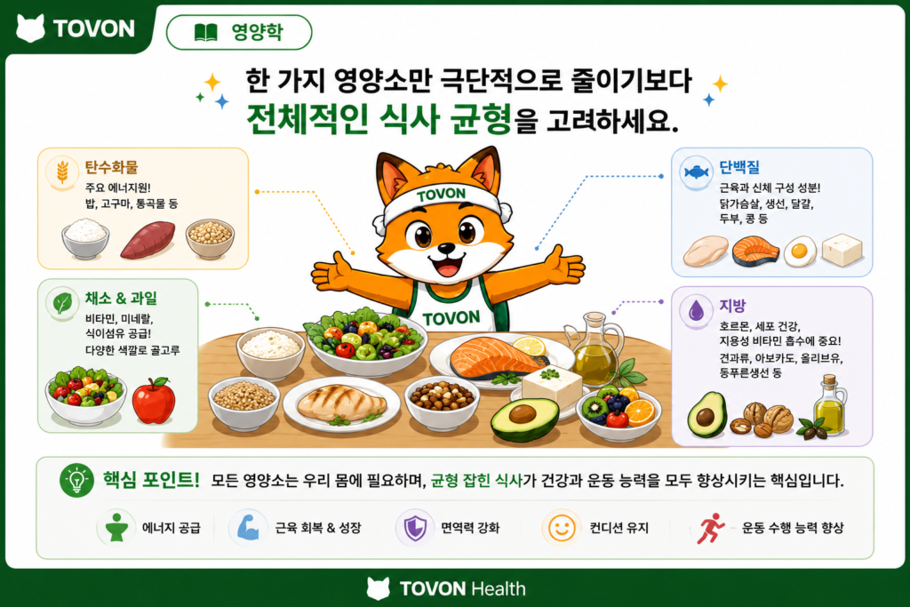 운동을 위한 탄수화물과 지방을 포함한 균형 잡힌 식사를 보여주는 이미지