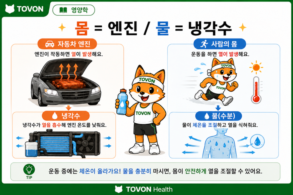 물이 체온 조절과 신체 기능에 중요한 역할을 하는 모습을 자동차 냉각수에 비유한 이미지