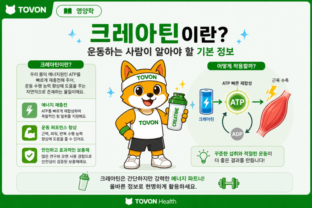 크레아틴이란 무엇인지와 운동에서의 역할을 설명하는 영양학 인포그래픽