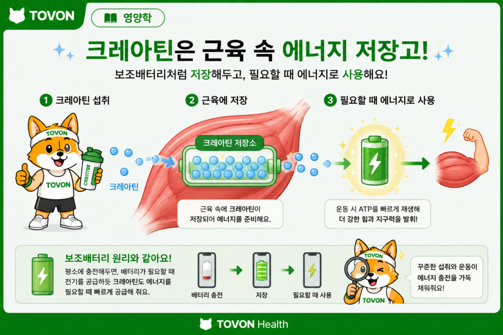 크레아틴이 근육에 저장되어 고강도 운동에 활용되는 과정을 보여주는 인포그래픽