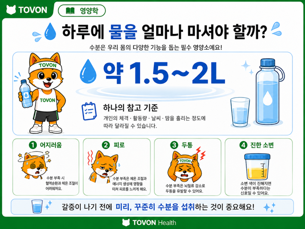 성인의 하루 물 섭취량 참고 기준과 운동 시 추가적인 수분 섭취가 필요할 수 있음을 보여주는 이미지