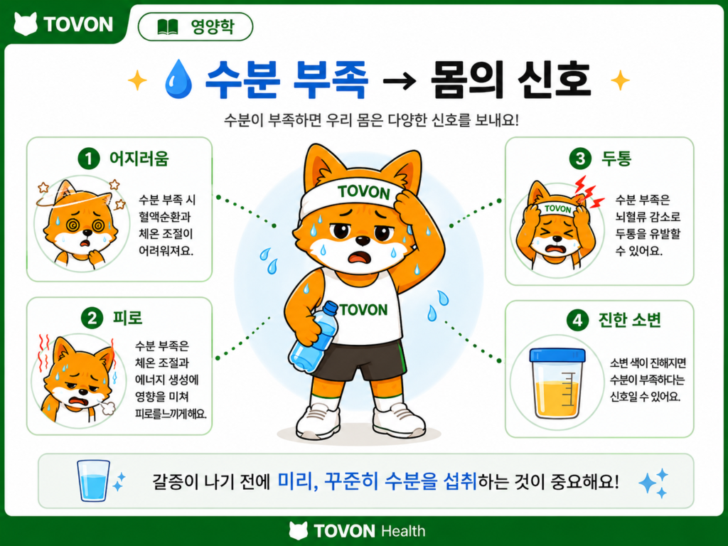 운동 중 수분 부족으로 나타날 수 있는 피로와 어지러움 등 탈수 신호를 보여주는 이미지