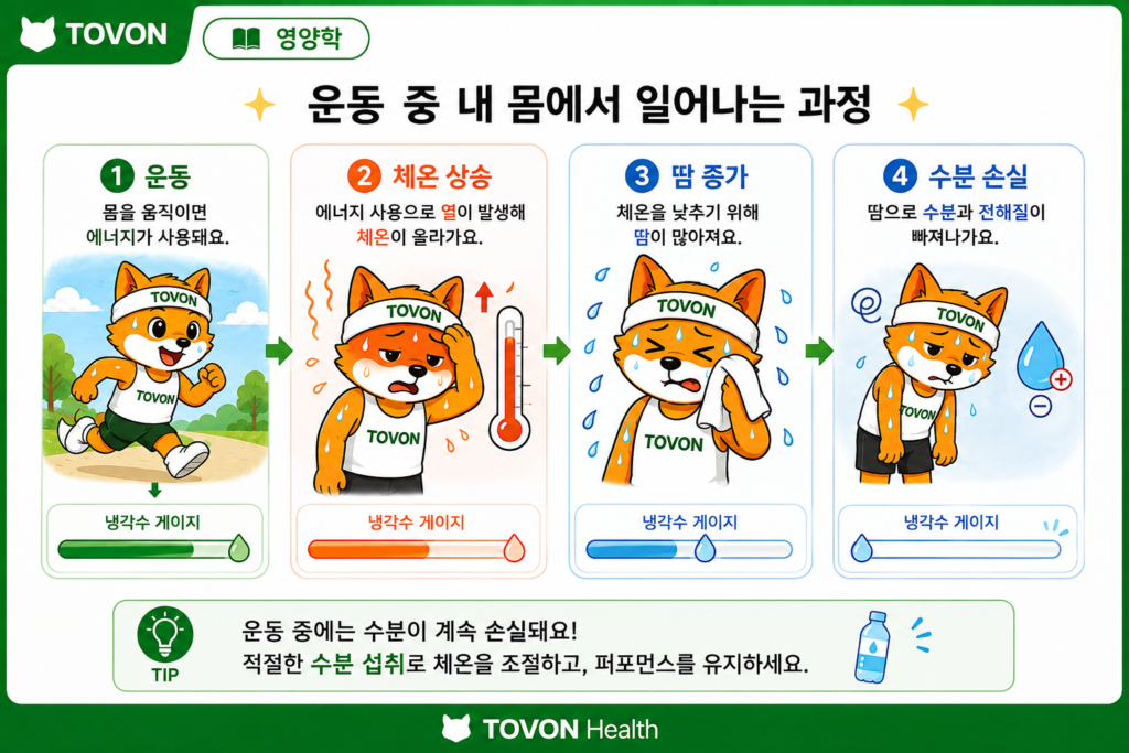 운동 중 체온 상승과 땀으로 인해 수분이 손실되는 과정을 보여주는 이미지