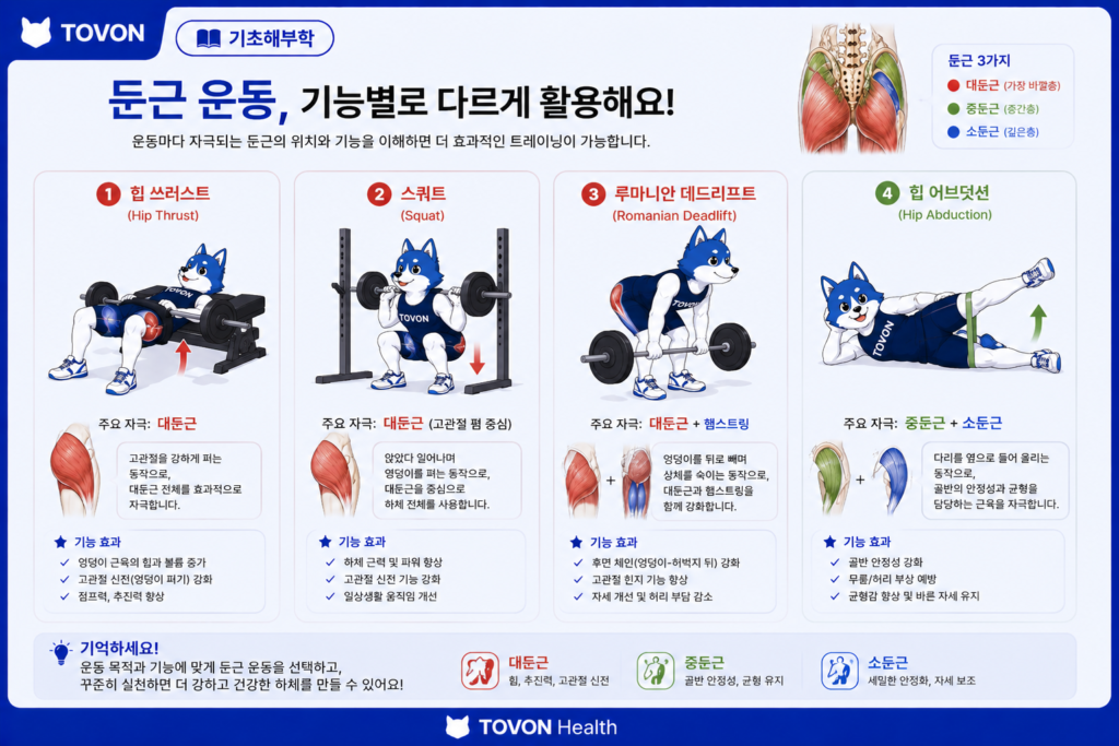 둔근이란? 엉덩이 근육 3가지와 역할 힙 쓰러스트 스쿼트 루마니안 데드리프트 힙 어브덕션으로 둔근을 운동하는 방법