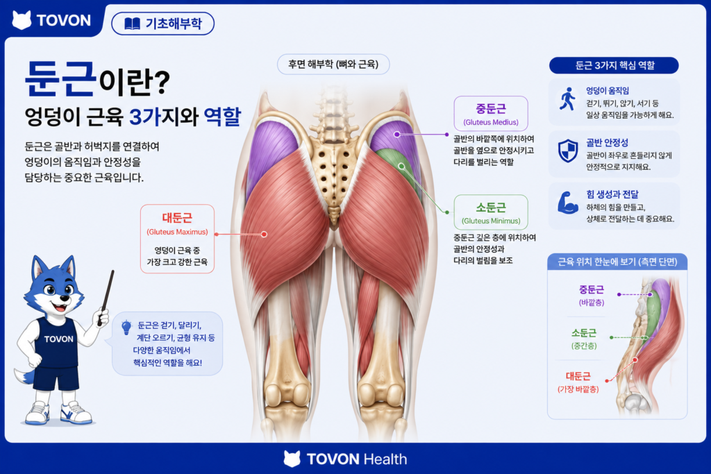 둔근이란? 엉덩이 근육 3가지와 역할 둔근의 위치와 대둔근 중둔근 소둔근을 보여주는 엉덩이 해부학 이미지