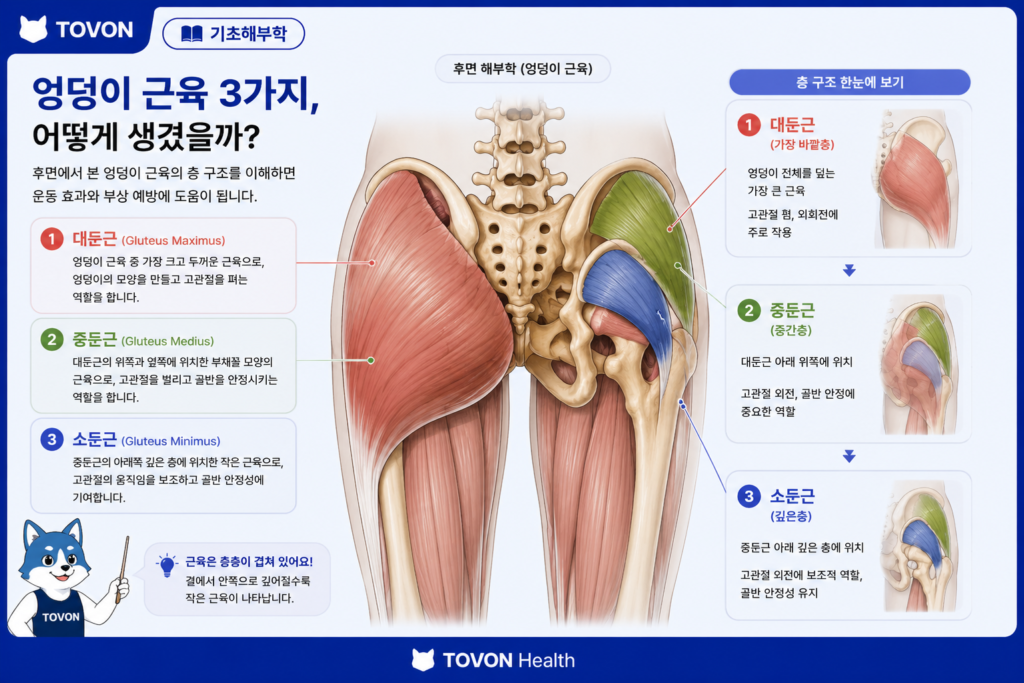 둔근이란? 엉덩이 근육 3가지와 역할 대둔근 중둔근 소둔근의 위치와 층 구조를 보여주는 둔근 해부학 이미지