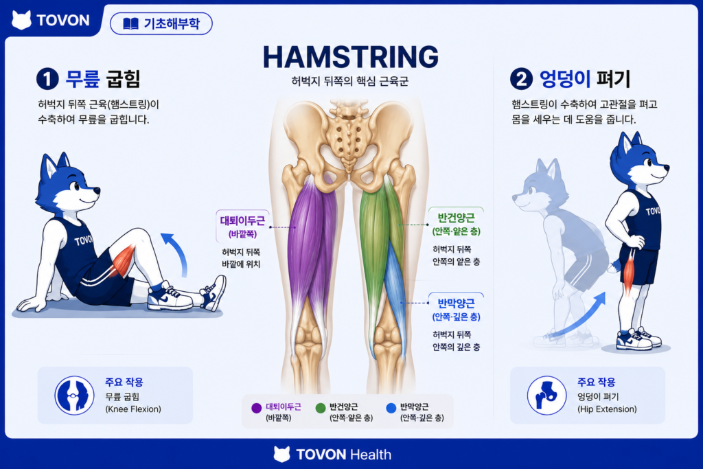 햄스트링이 엉덩이를 펴고 무릎을 굽히는 역할을 보여주는 이미지