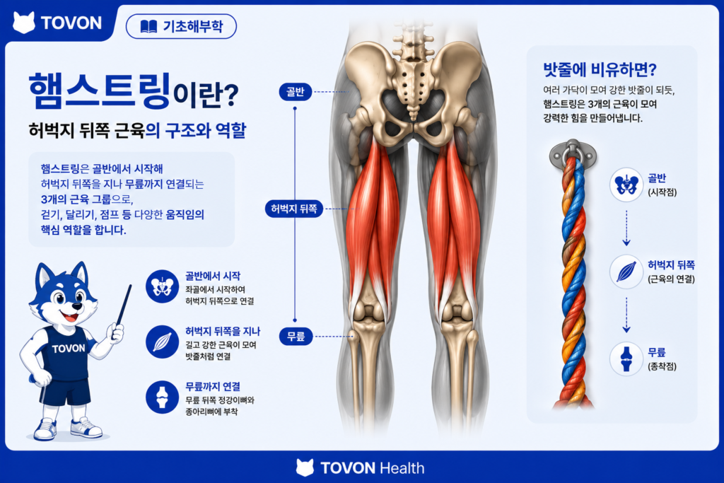 허벅지 뒤쪽에 위치한 햄스트링의 위치를 보여주는 해부학 이미지