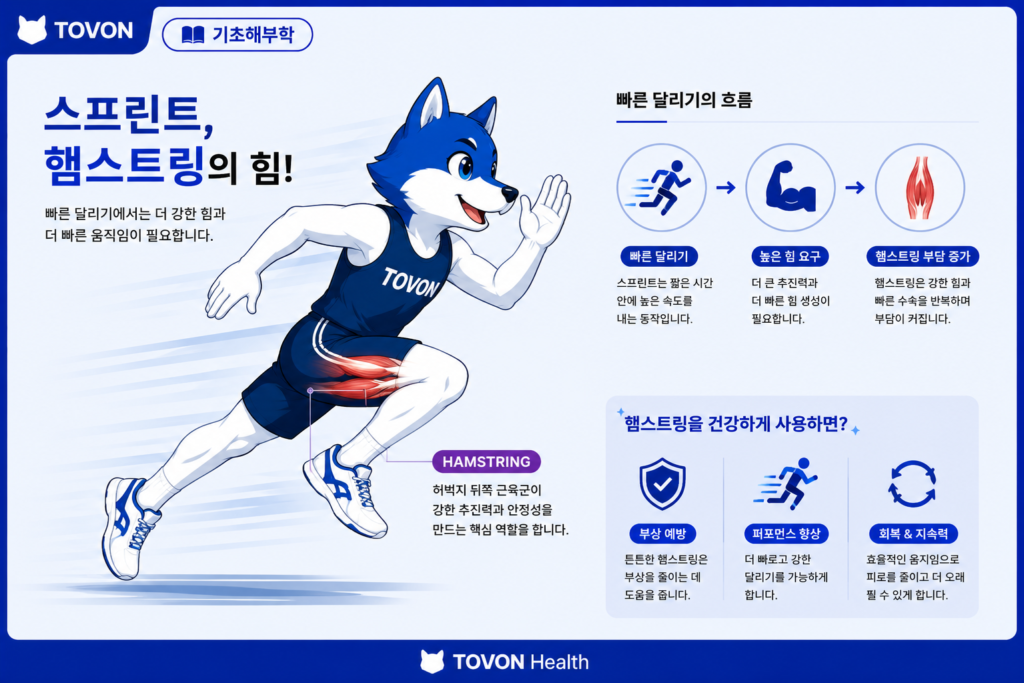달리기와 전력 질주에서 햄스트링에 큰 부담이 가해지는 모습을 보여주는 이미지