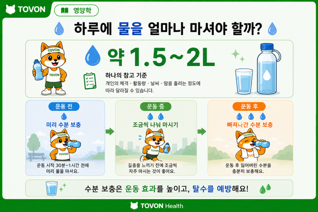 운동 전, 운동 중, 운동 후 수분 섭취 방법을 비교한 이미지