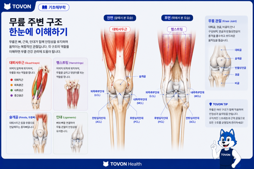 대퇴사두근과 무릎 관절 주변 구조의 해부학적 위치
