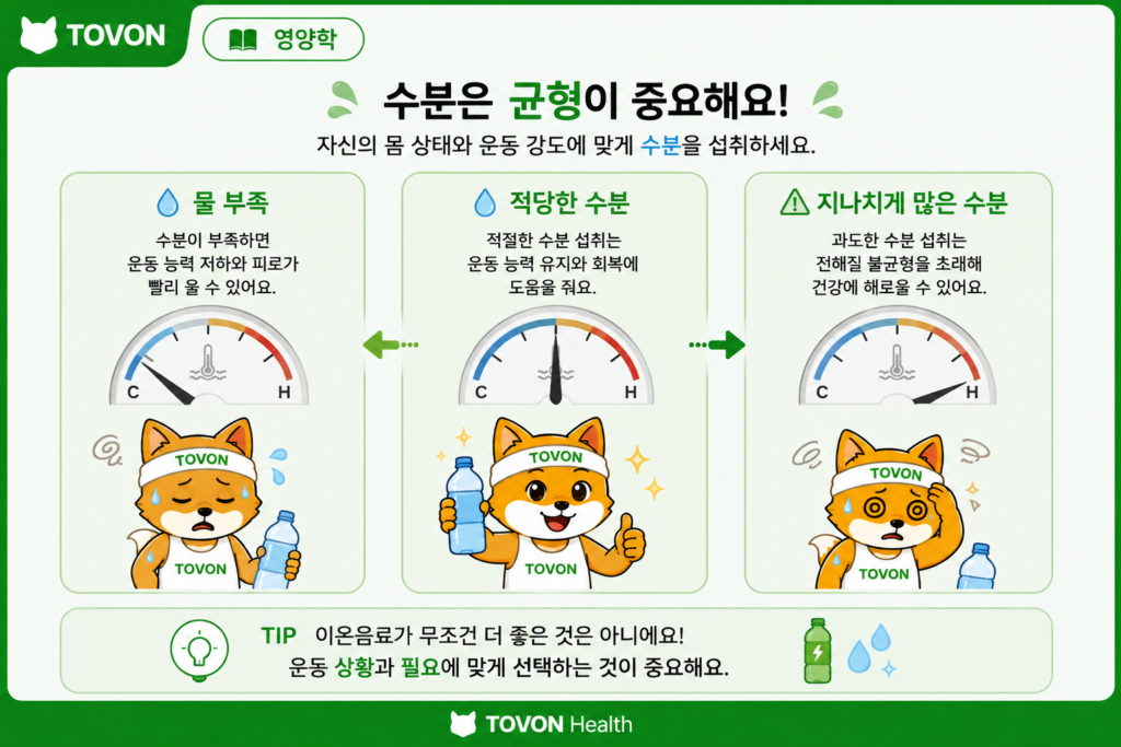 물을 지나치게 많이 마시는 것도 주의해야 한다는 점을 보여주는 수분 섭취 균형 이미지