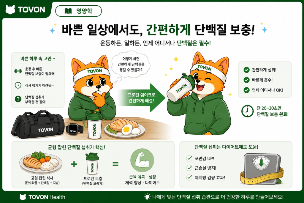 바쁜 일상에서 프로틴 보충제로 단백질을 간편하게 섭취하는 모습