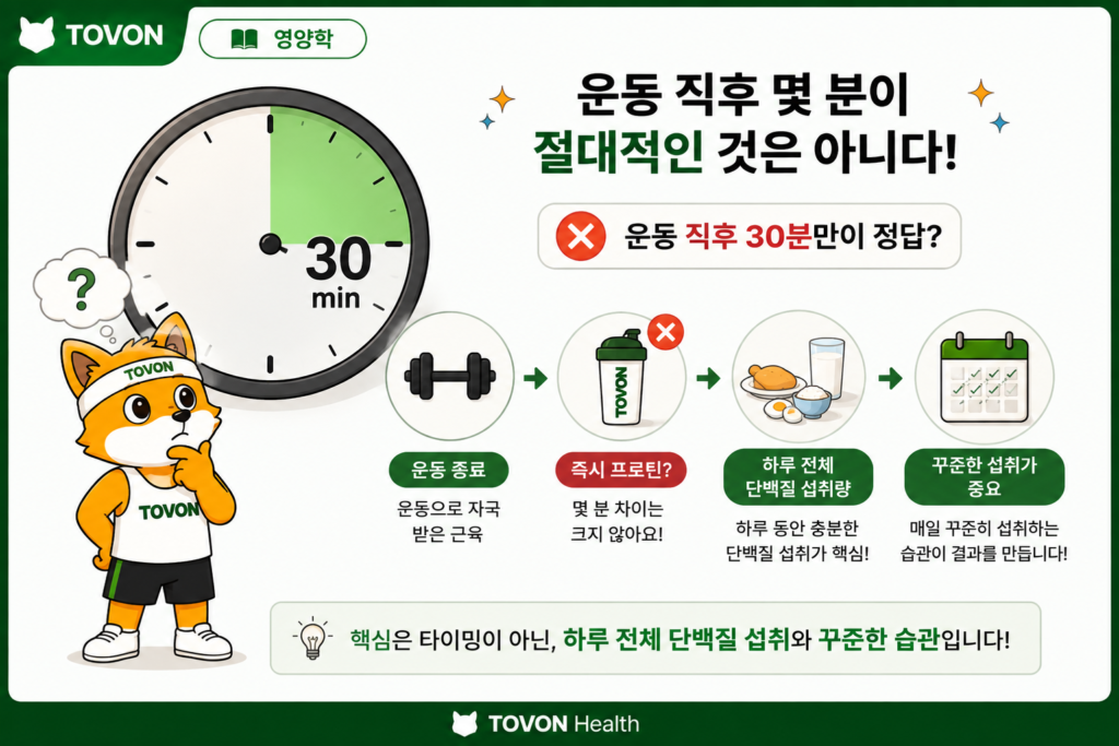 운동 직후 단백질 섭취 타이밍보다 하루 전체 단백질 섭취량이 중요함을 보여주는 이미지