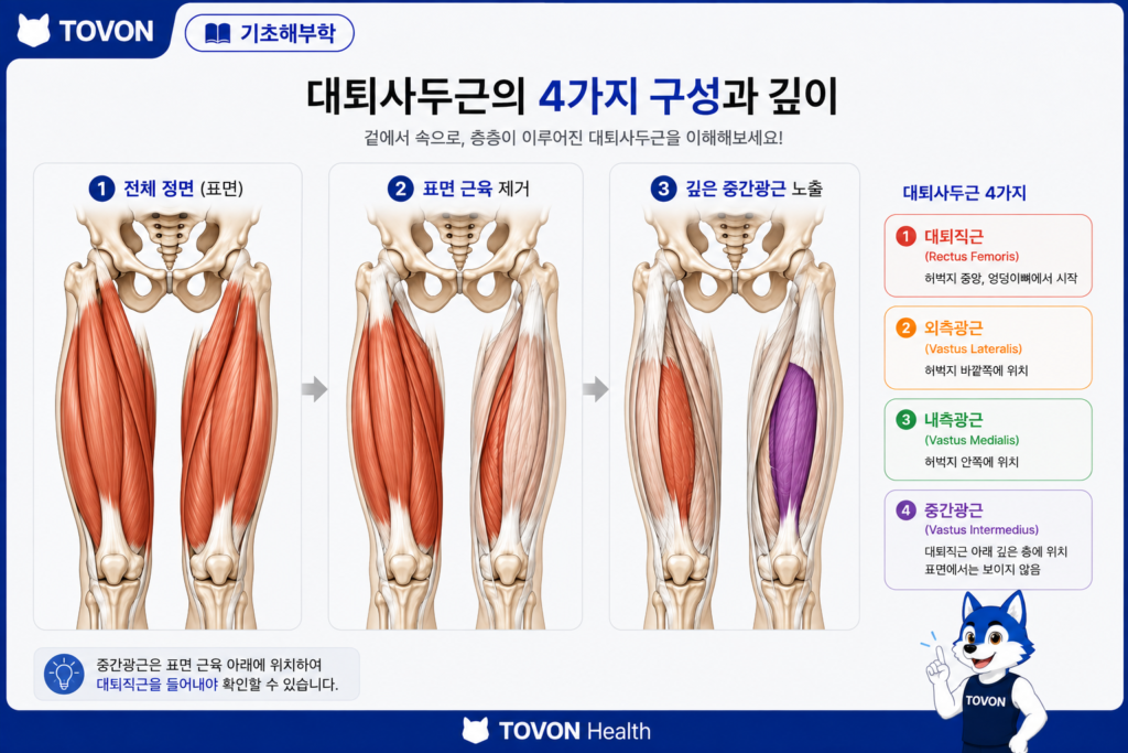 대퇴직근 외측광근 내측광근 중간광근의 해부학적 위치