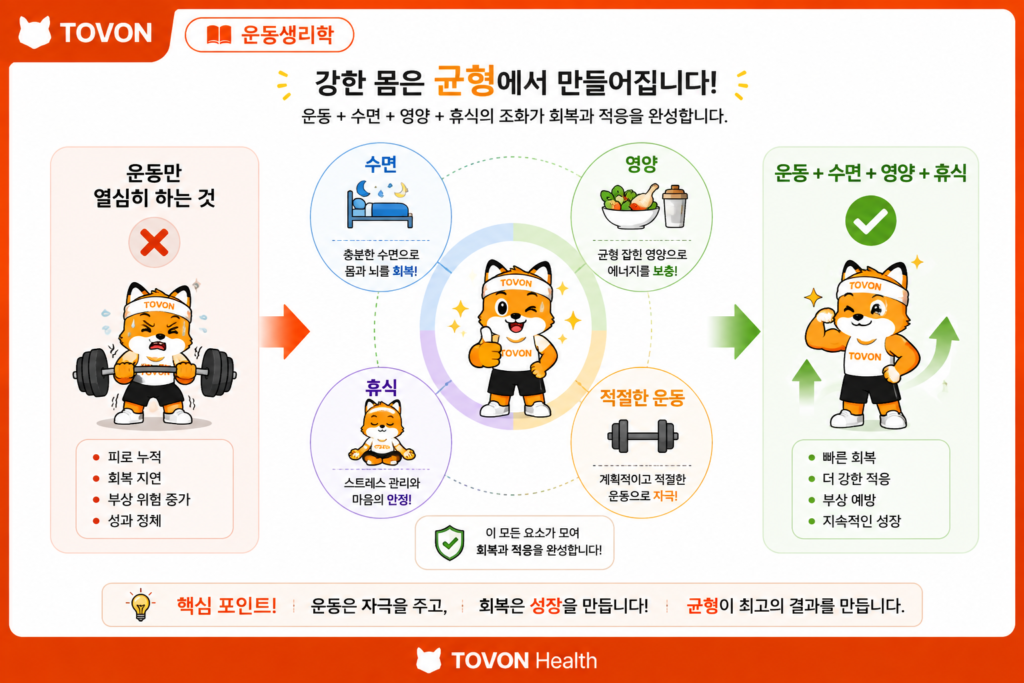 운동 후 회복에 필요한 수면과 영양 및 휴식을 보여주는 이미지