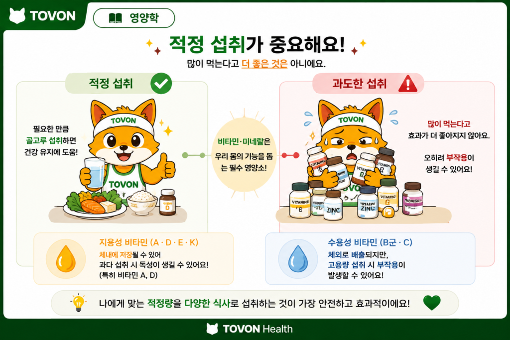 비타민과 미네랄은 왜 필요할까? 우리 몸에서 하는 역할 비타민과 미네랄을 필요 이상으로 많이 섭취하는 것이 좋지 않음을 설명하는 이미지