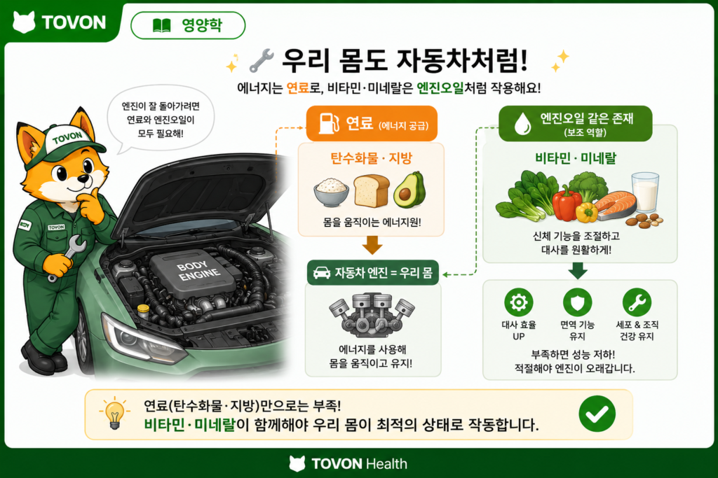 비타민과 미네랄은 왜 필요할까? 우리 몸에서 하는 역할 비타민과 미네랄을 자동차 엔진오일에 비유해 설명하는 이미지