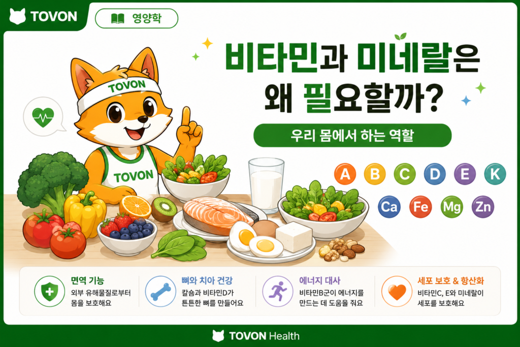 비타민과 미네랄은 왜 필요할까? 우리 몸에서 하는 역할 비타민과 미네랄의 역할을 설명하는 TOVON Health 표지 이미지