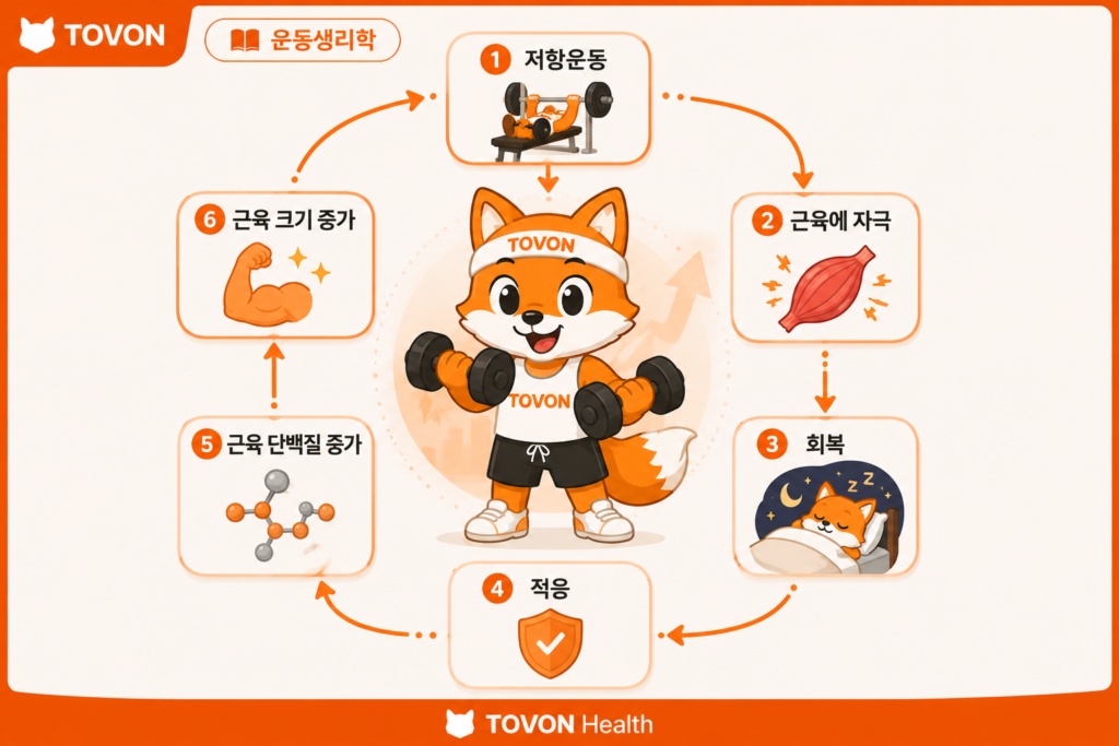 저항운동 후 회복과 적응을 통해 근육 크기가 증가하는 근비대 과정
