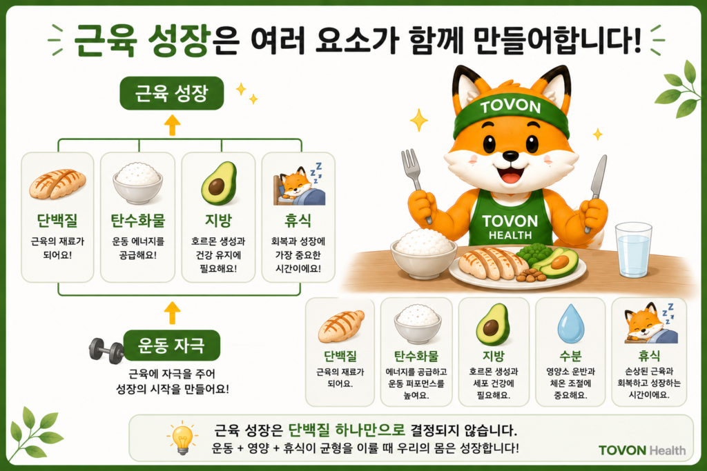 운동과 영양, 단백질, 휴식을 통한 근육 성장 과정