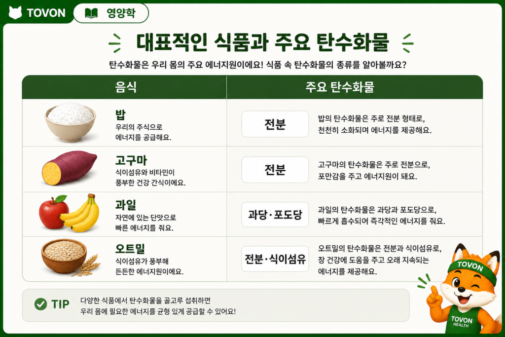 밥 고구마 과일 등 다양한 탄수화물 식품