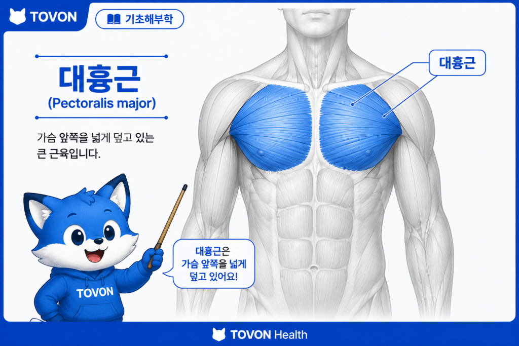 가슴 앞쪽에 위치한 대흉근의 해부학적 위치