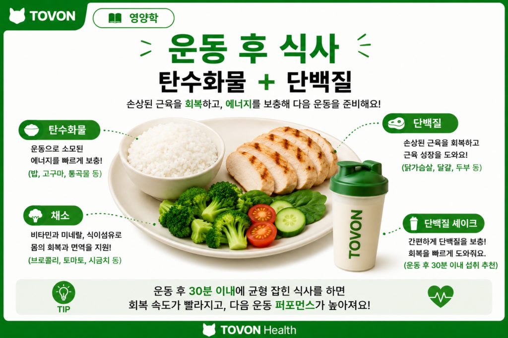 운동 후 식사로 밥과 고기, 생선, 두부, 계란 등을 함께 섭취하는 예시