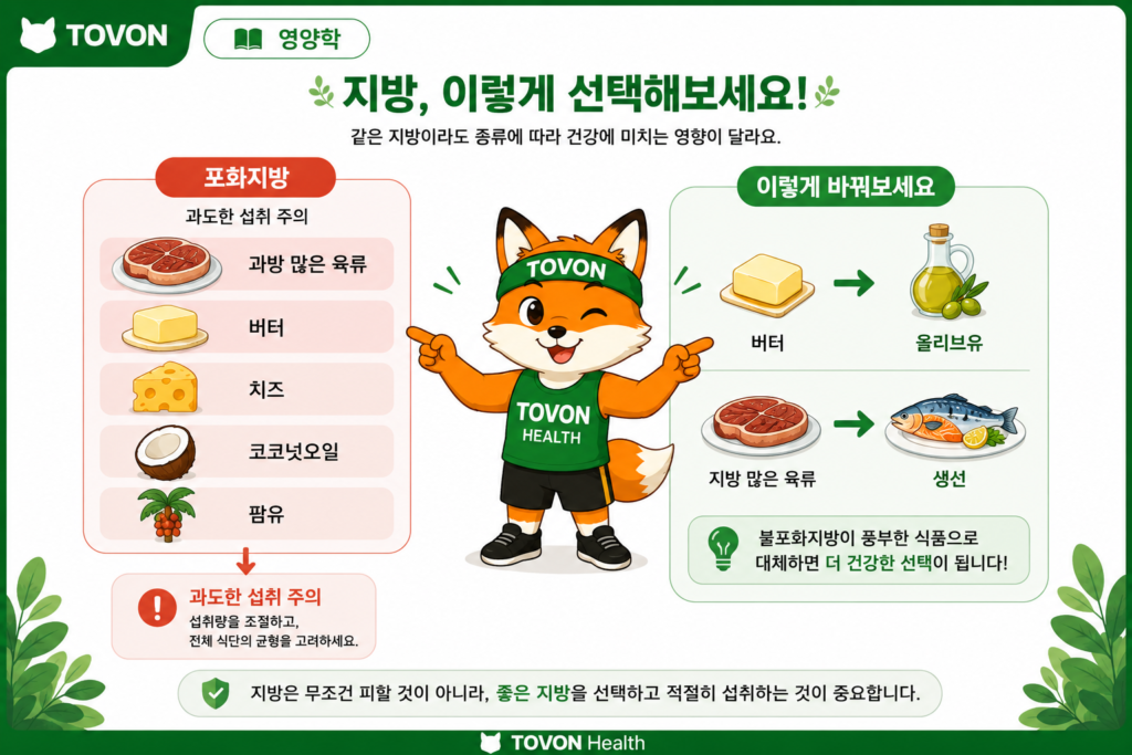지방은 무조건 나쁠까? 좋은 지방과 나쁜 지방 이해하기 육류와 버터 및 치즈 등에 포함된 포화지방 식품