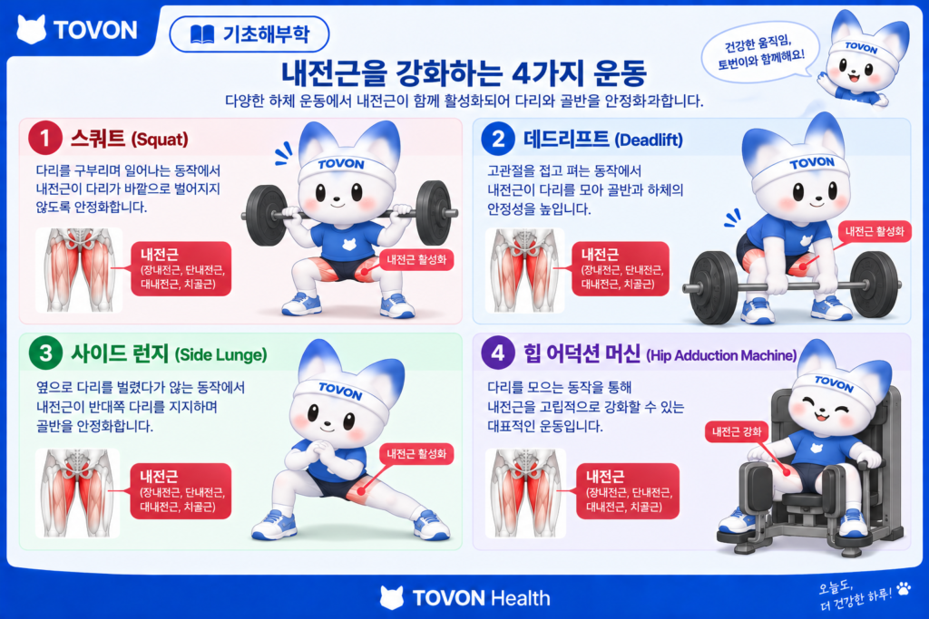 스쿼트 데드리프트 사이드 런지 힙 어덕션에서 사용되는 내전근