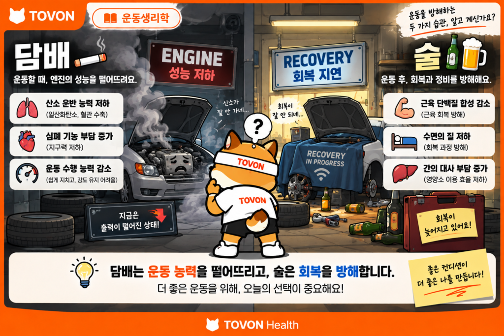 담배는 운동 능력과 술은 회복 과정에 불리하게 작용하는 것을 자동차에 비유한 이미지