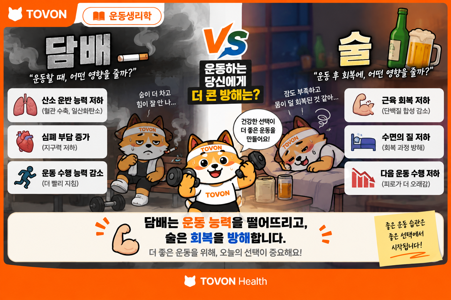 운동할 때 술과 담배의 영향을 비교하는 토번이