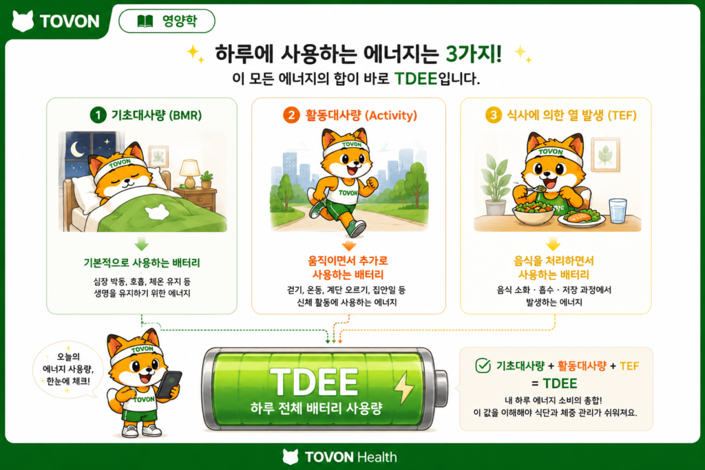 기초대사량과 활동대사량이란? 하루에 필요한 칼로리 계산하기 기초대사량 활동대사량 TEF와 TDEE의 관계를 배터리로 정리한 이미지