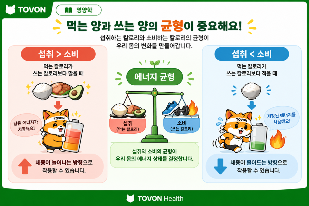 칼로리 섭취량과 소비량의 균형에 따른 에너지 상태