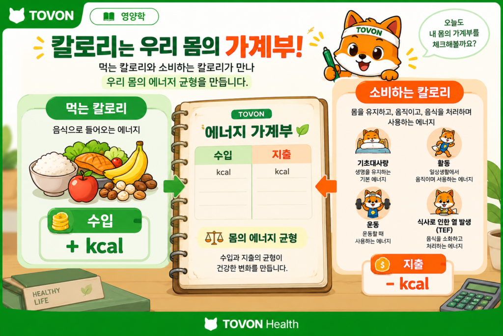 먹는 칼로리와 소비하는 칼로리를 수입과 지출로 표현한 이미지