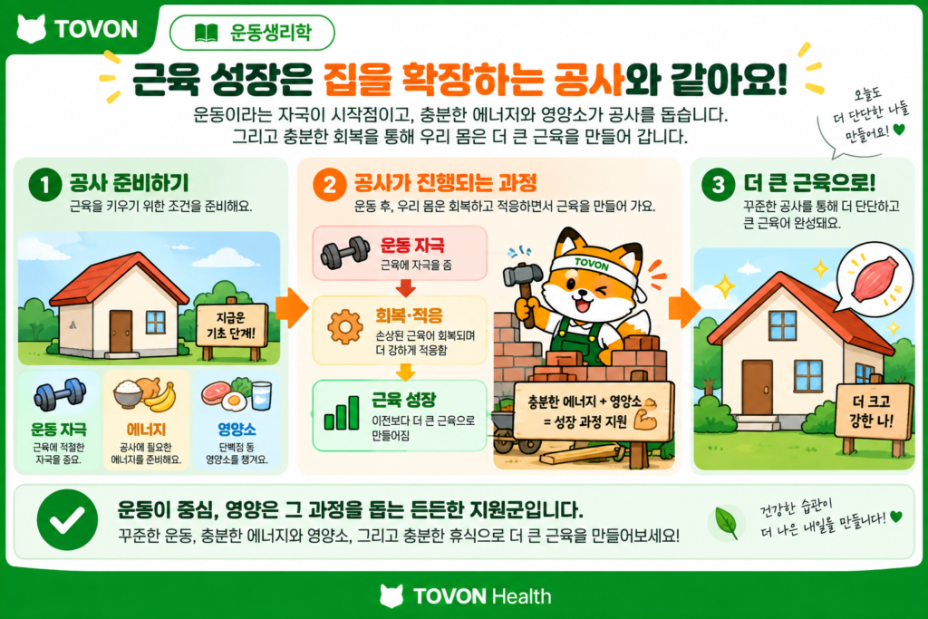 칼로리 잉여가 운동 후 회복과 근육 성장을 뒷받침하는 과정을 보여주는 이미지