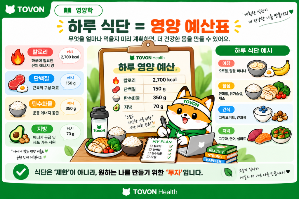 운동하는 사람의 식단을 하루 영양 예산표로 보여주는 이미지