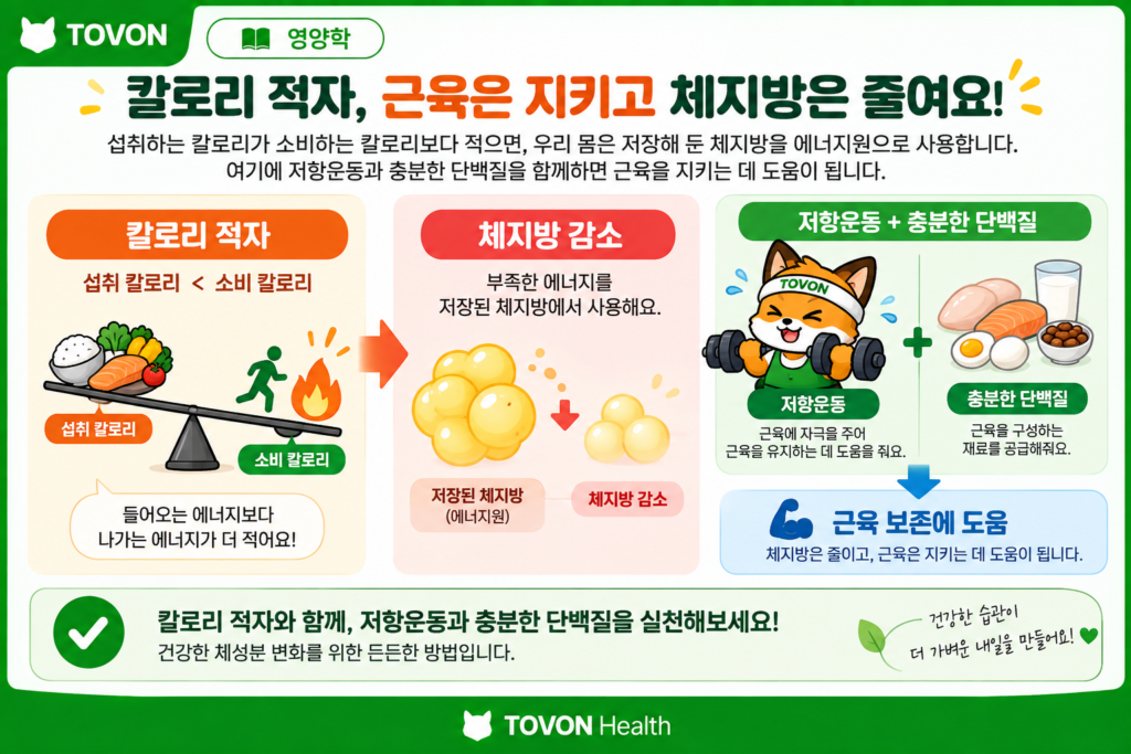 칼로리 적자와 저항운동 및 단백질 섭취가 체지방 감소와 근육 보존에 미치는 관계