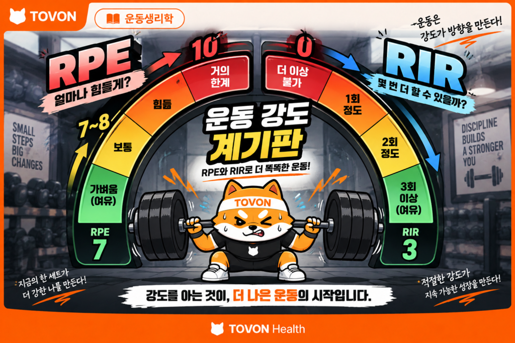 RPE와 RIR을 운동 강도 계기판으로 보여주는 이미지