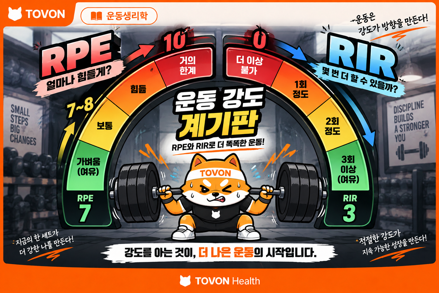 RPE와 RIR을 운동 강도 계기판으로 보여주는 이미지