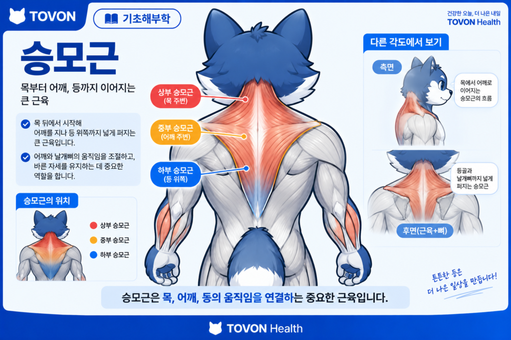 승모근의 위치와 넓은 근육 범위를 보여주는 토번이