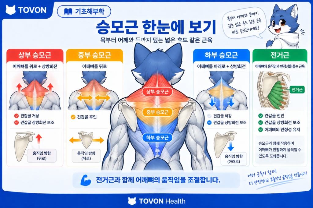 상부와 중부와 하부 승모근의 위치와 주요 기능을 한눈에 정리한 이미지